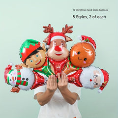 10pcs Christmas Hand Balloons Santa Claus Snowman Elk Gingerbread Man Decoration