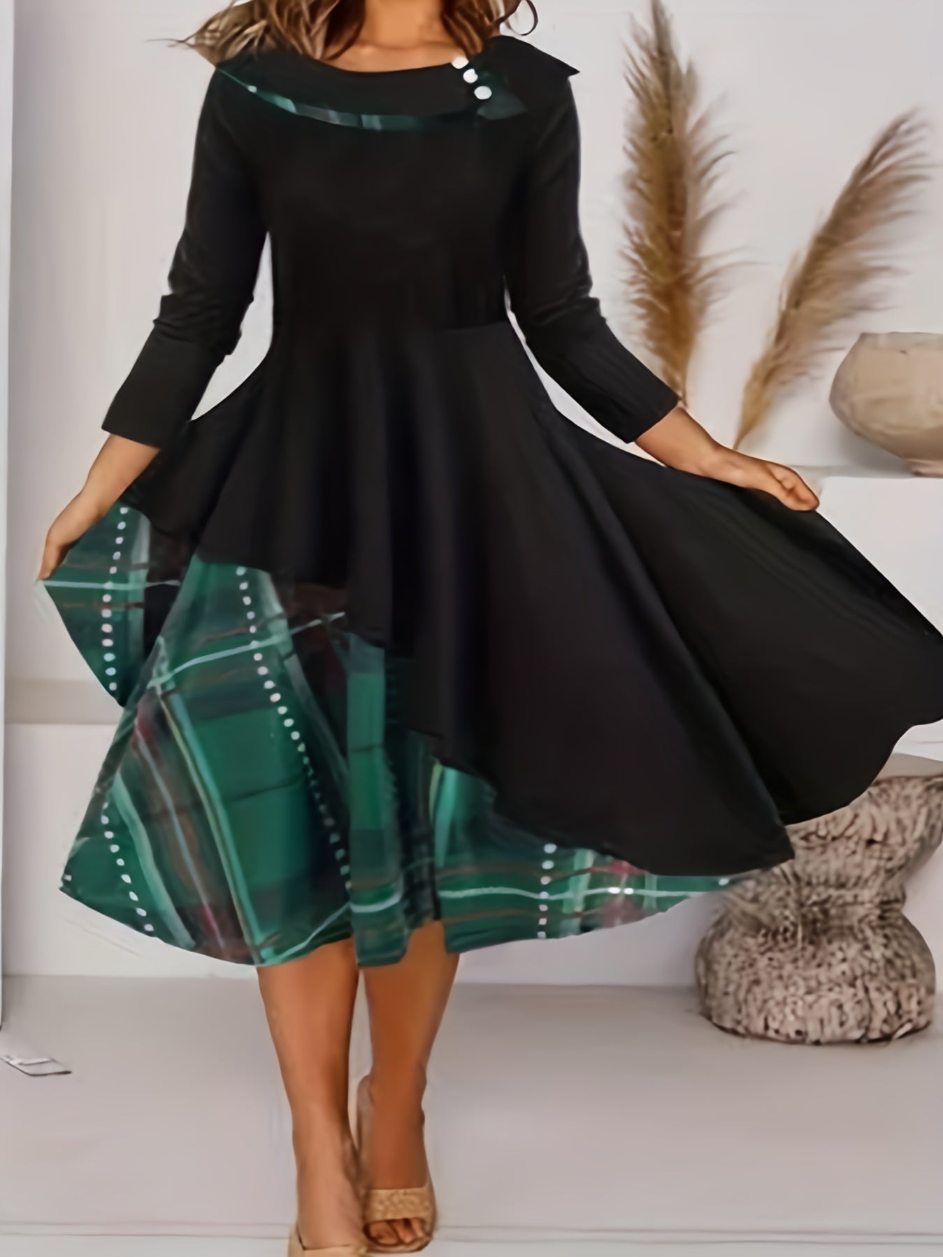  Plaid Print Long Sleeve Layered Dress