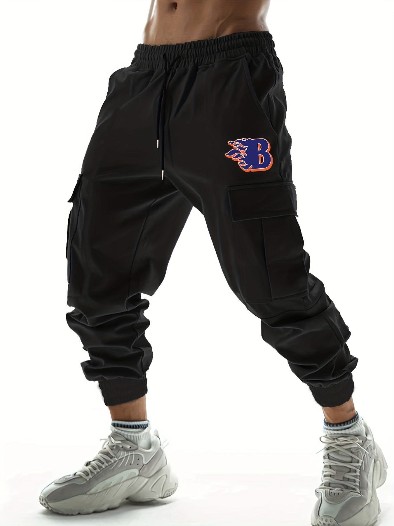 Men's B Letter Print Cargo Joggers, Spring/Fall Outdoor Pants