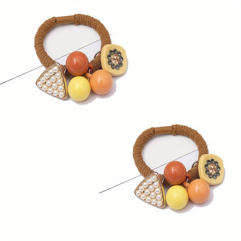 2pcs Candy Beaded Hair Tie Faux Pearl Decor Hair Rope Knitted Hair Tie