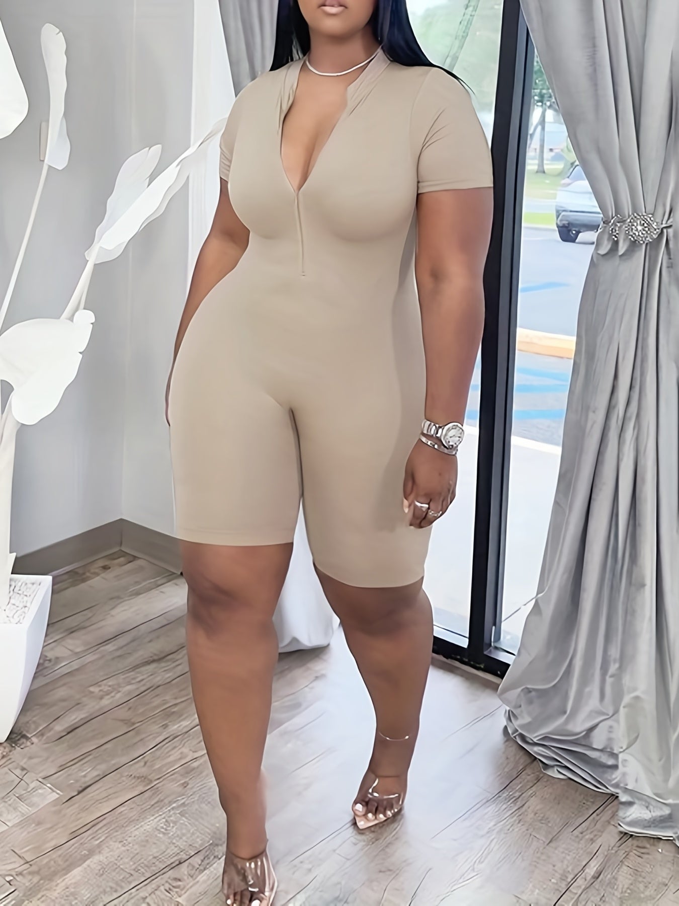  Casual Romper Women's Plus Solid Zip Up Short Sleeve