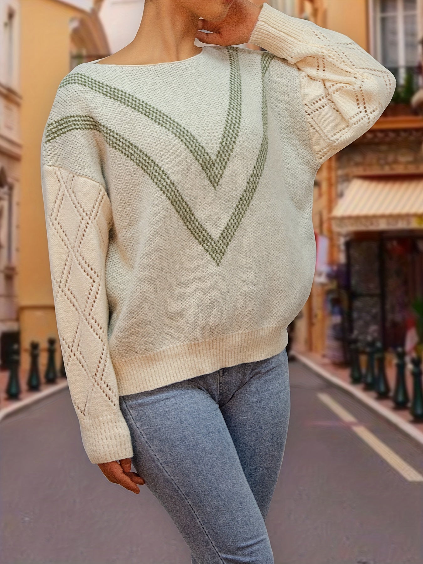  Striped Long Sleeve Round Neck Jumper