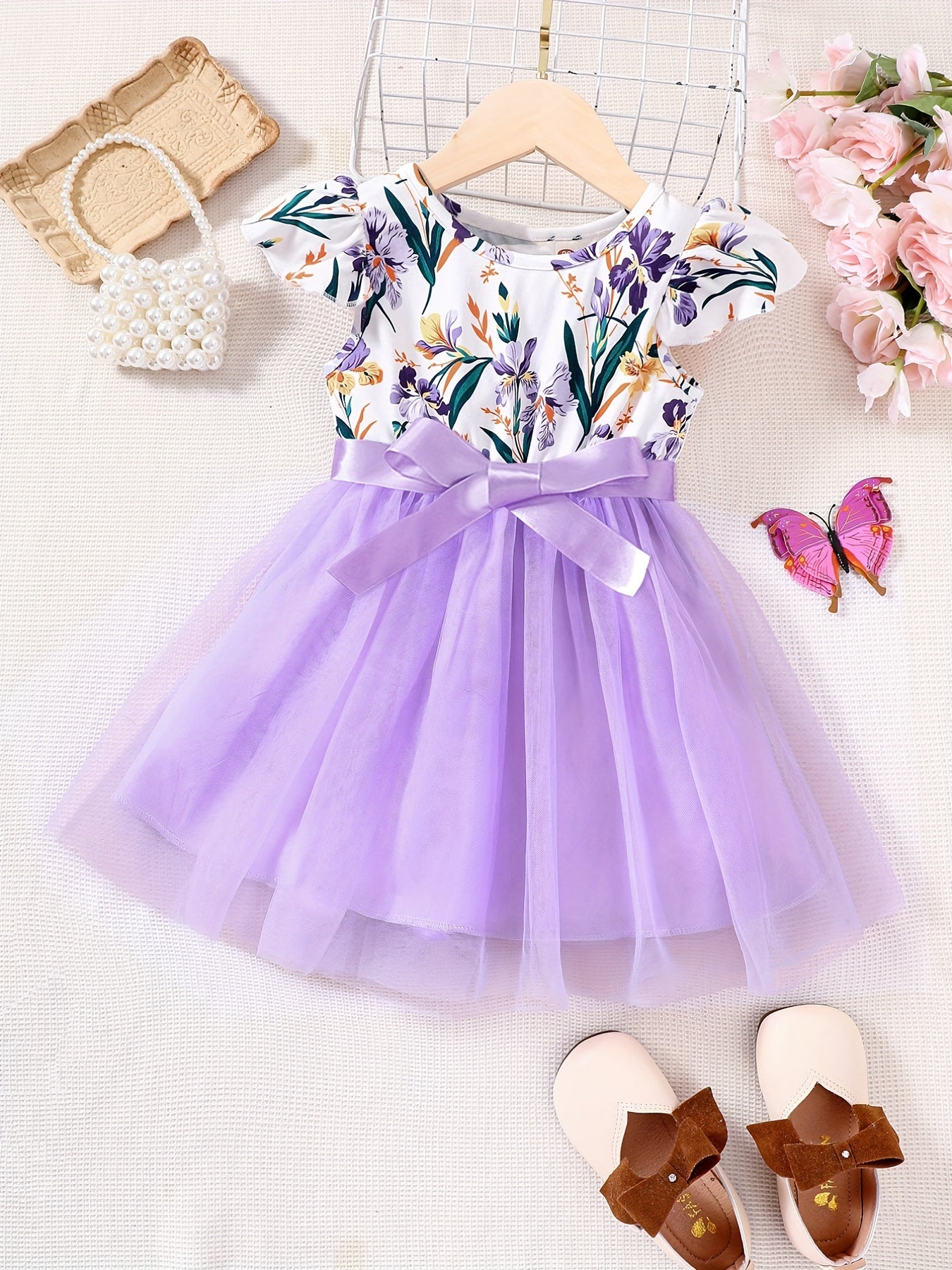 Girls Ruffled Sleeves Crew Neck Bow Floral Tulle Tutu Princess Dress