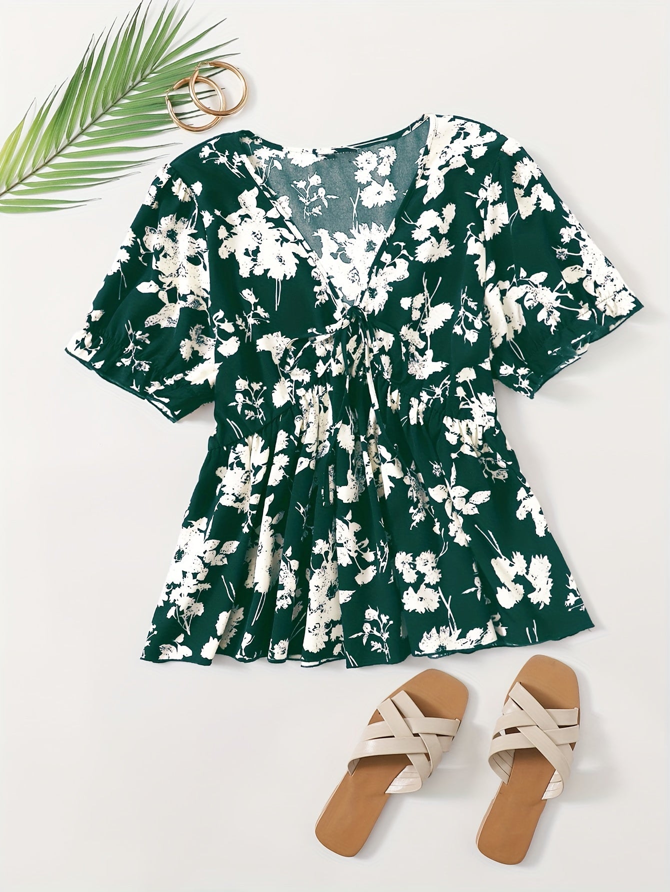  Floral Print Tie Front Short Sleeve V Neck Blouse