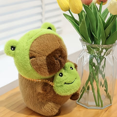 Soft Capybara Plush with Frog Hat & Bag Anime Style Brown & Green Cuddly Doll