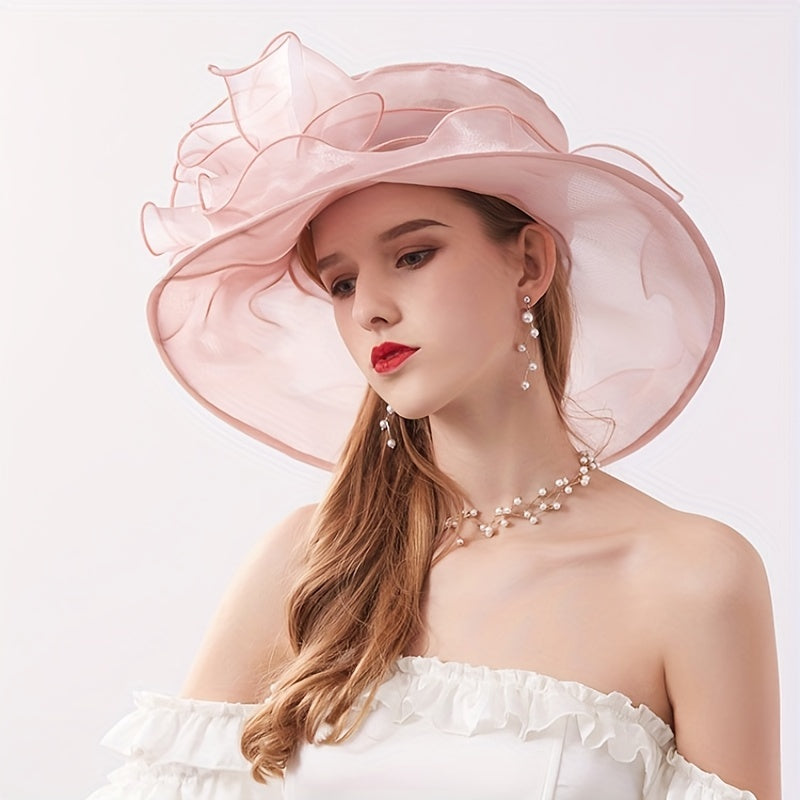 Organza Lace Derby Hat Wide Brim Flower Decor Sun Hat Lightweight