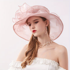 Organza Lace Derby Hat Wide Brim Flower Decor Sun Hat Lightweight