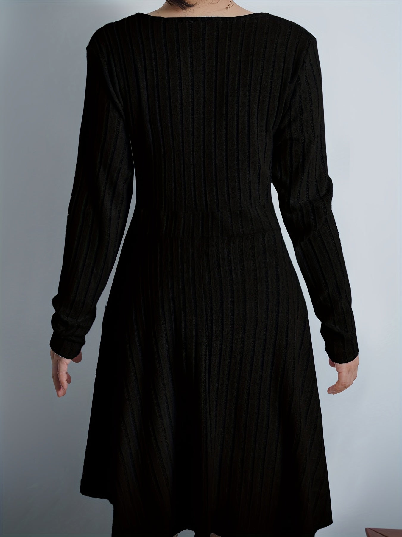  Solid Long Sleeve Surplice Neck Ribbed Knit Sweater Dress