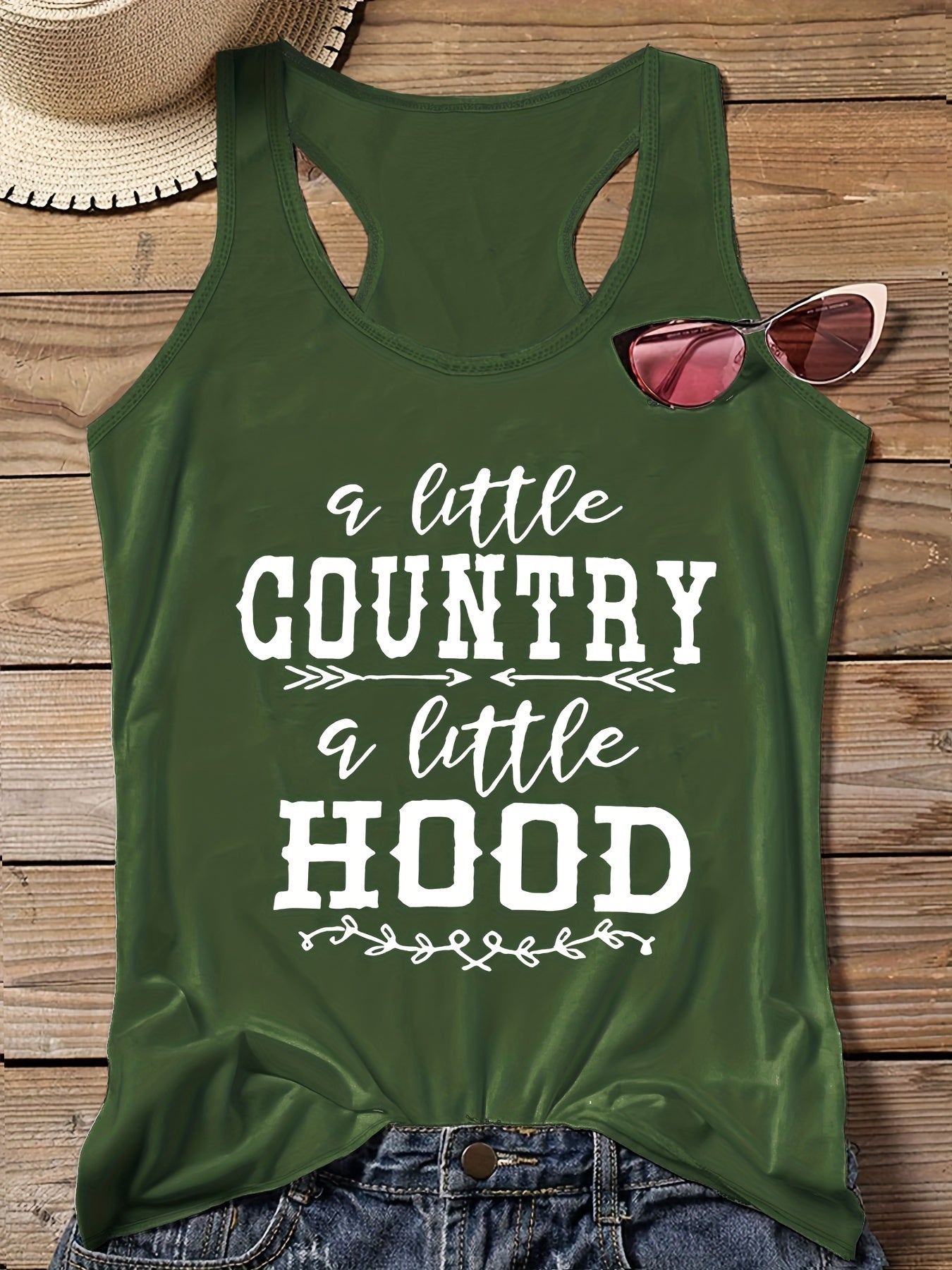  Art Letter Print Tank Top Round Neck Stretch Vest