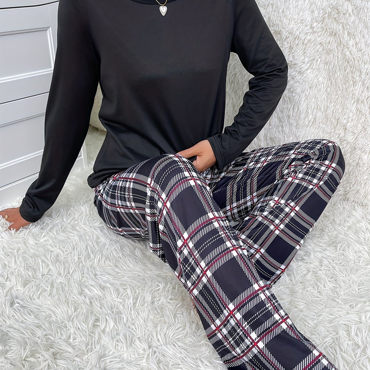 Plaid Print Pajama Set Long Sleeve Crew Neck Top & Elastic Waistband Pants