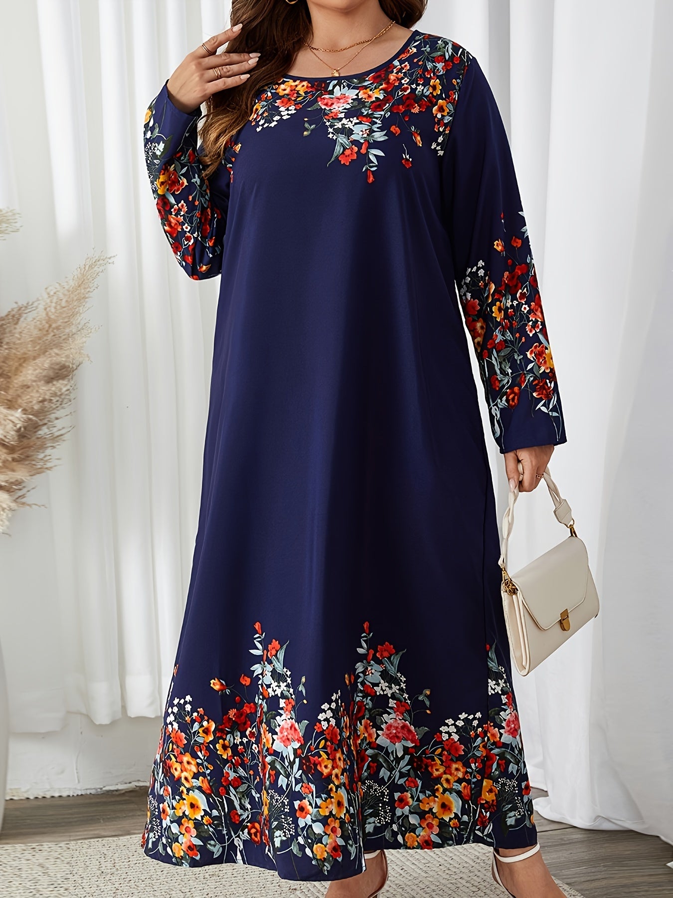  Floral Print Long Sleeve Abaya Dress