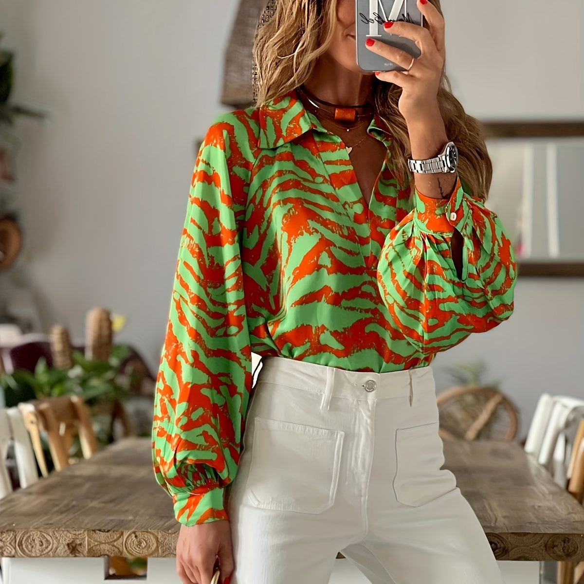  Animal Print Lantern Sleeve V Neck Blouse