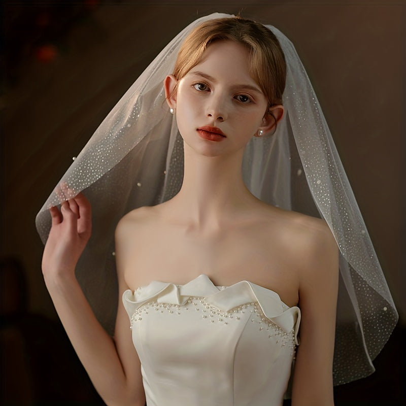 Short Veil With Comb Silver Pearl Bridal Wedding Accessories