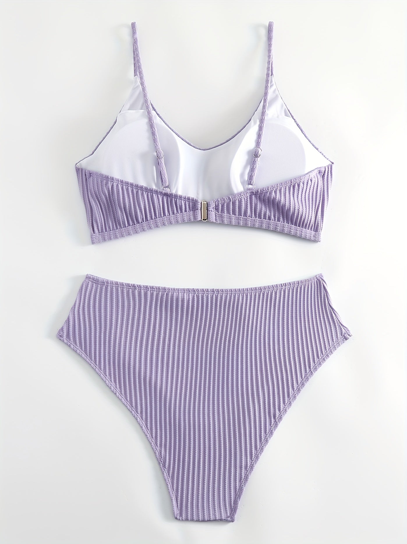  Solid Ribbed V Neck Backless Crop Cami Top & Panty Swimsuit
