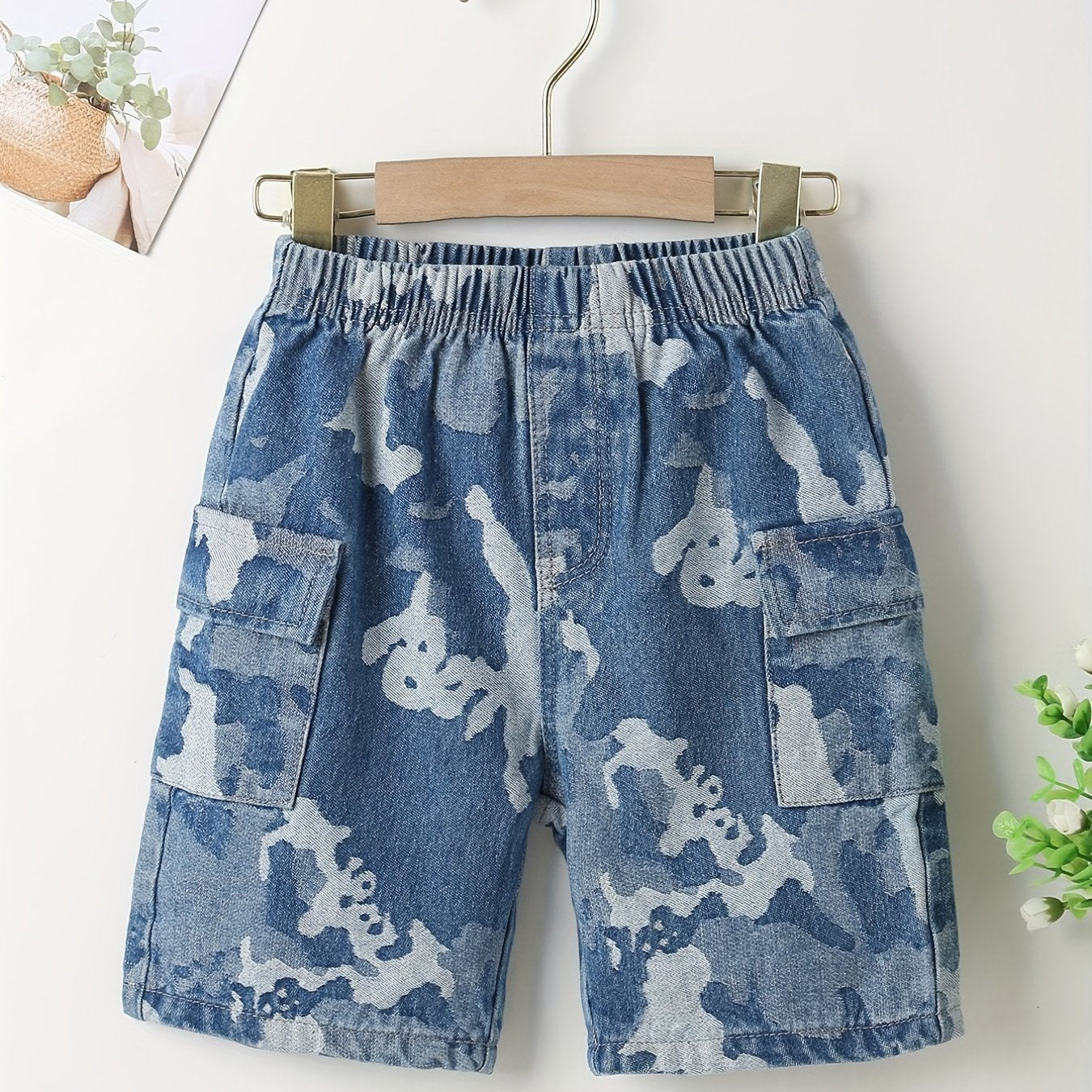 Boys Camo Denim Shorts Elastic Waist Summer Outdoor