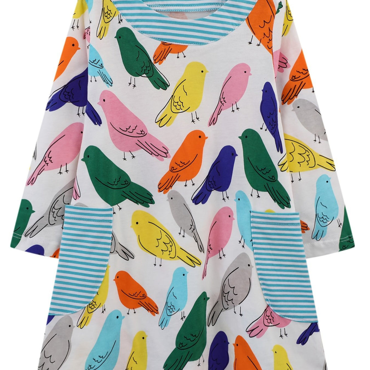 Colorful Birds Toddler Girls Cotton Long Sleeve Dress 2-7 Years