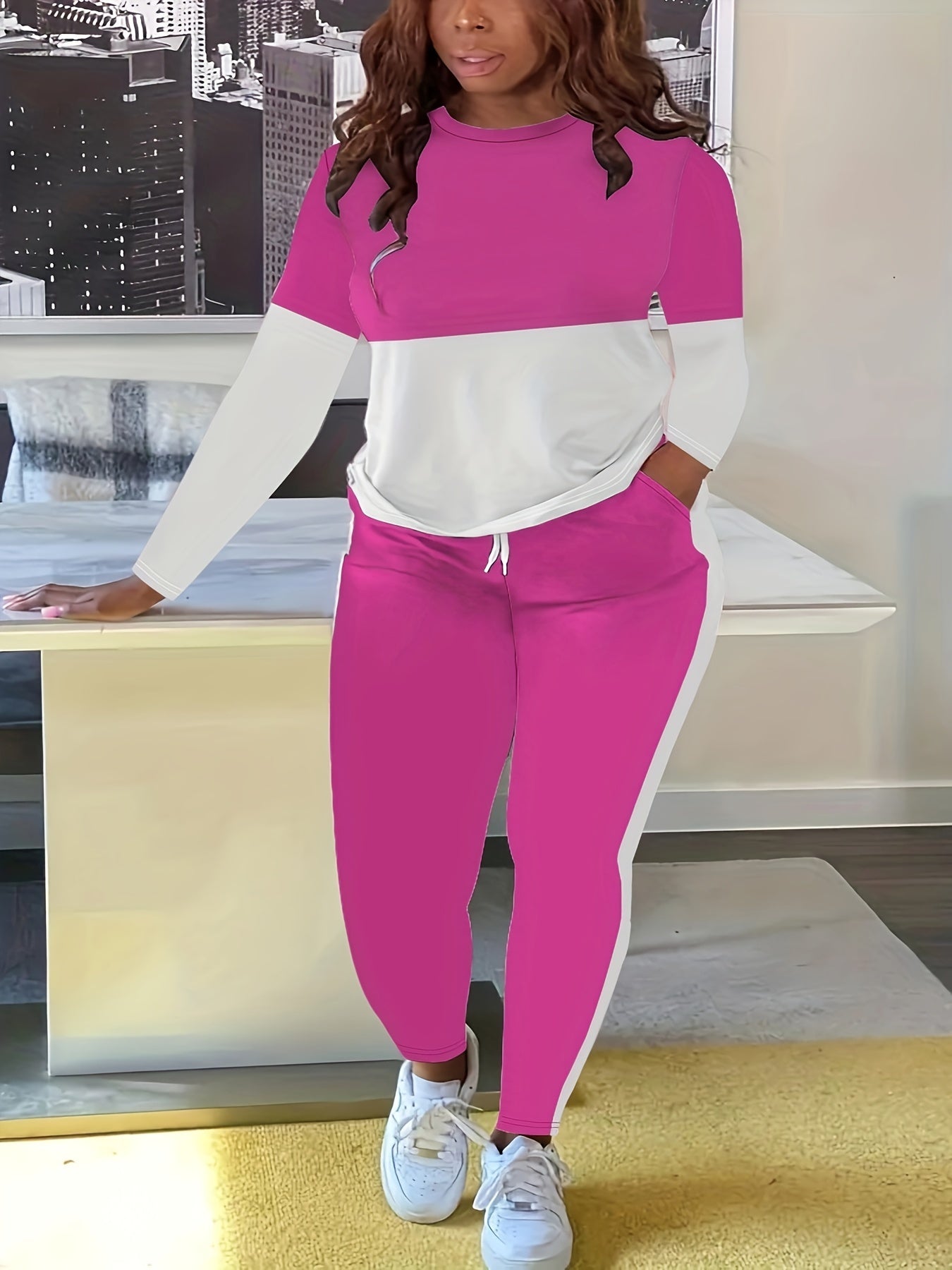  Colorblock Long Sleeve Tee & Drawstring Pants 2 Piece Set