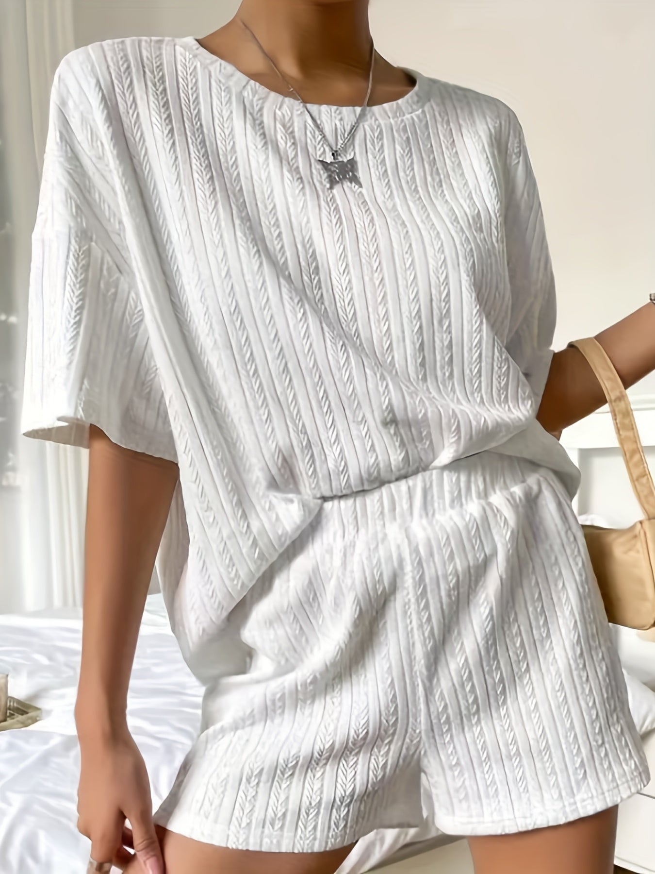  Solid Textured Short Sleeve Round Neck Top & Shorts Set