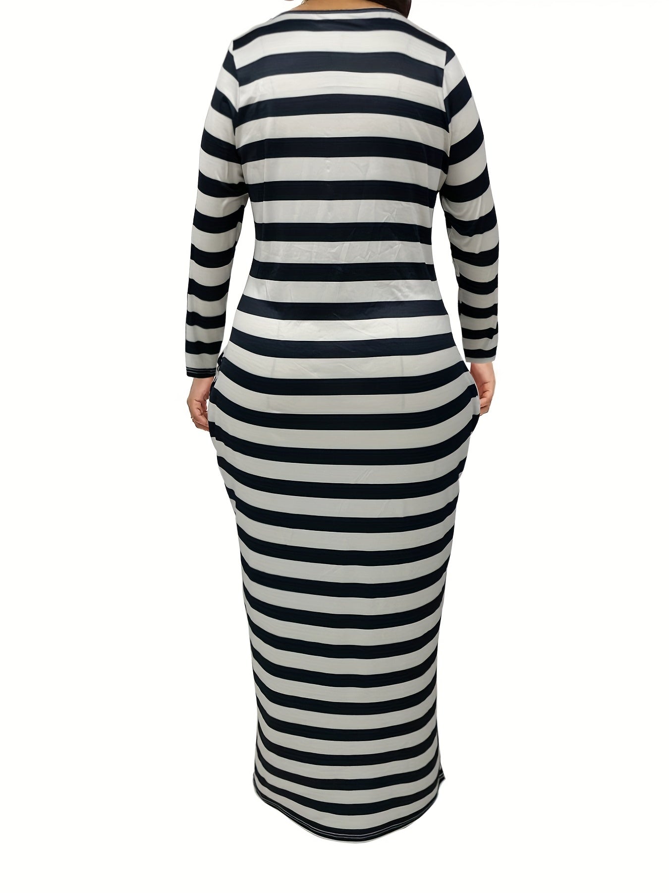  Stripe Print Long Sleeve Scoop Neck Maxi Dress With Pockets