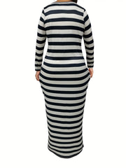  Stripe Print Long Sleeve Scoop Neck Maxi Dress With Pockets