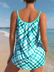  Tankini Set Women's Grid Print Tie Front Cami Top & Shorts