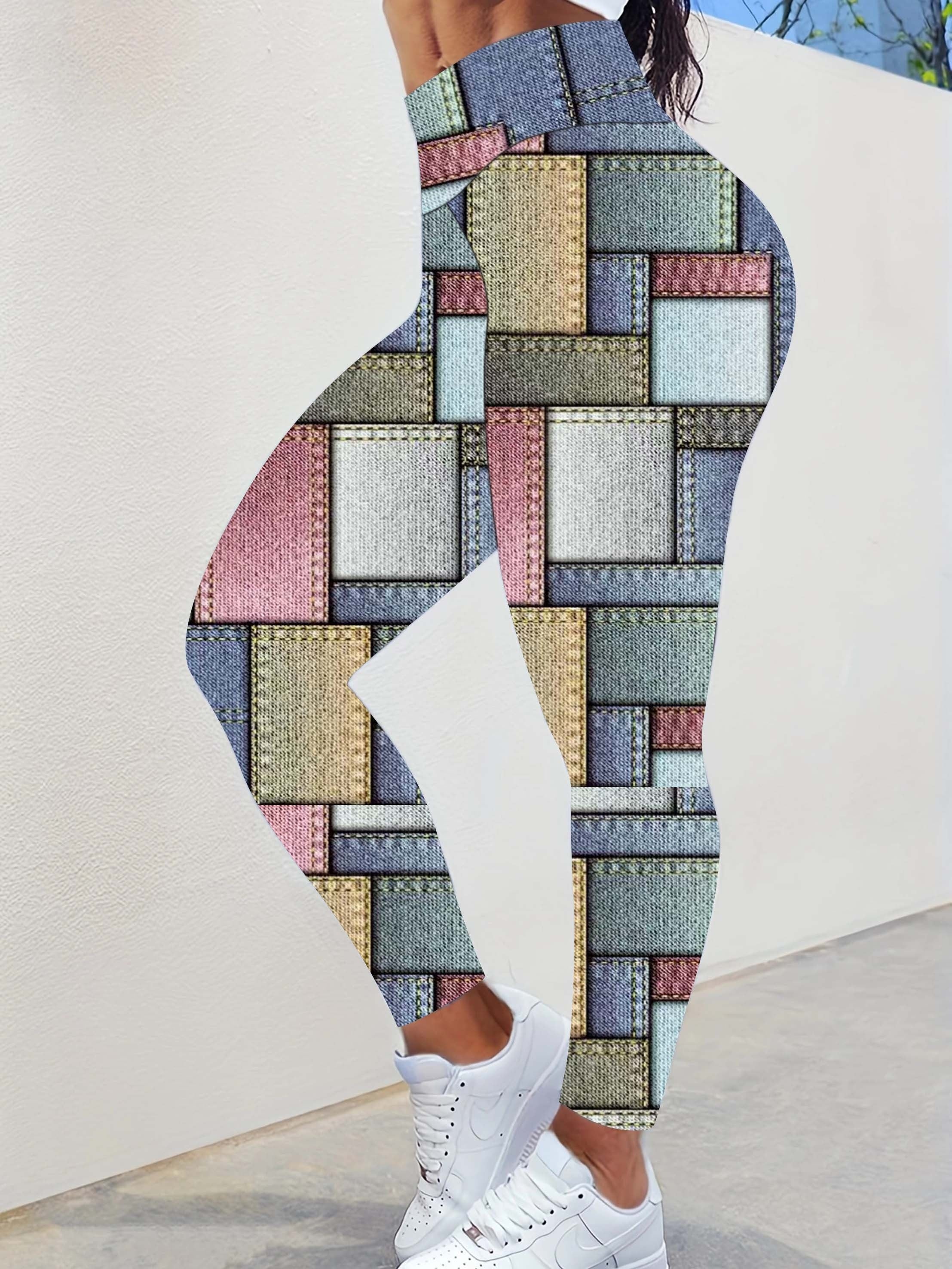  Colorblock Denim Print High Rise Leggings