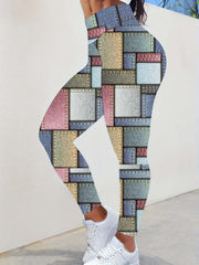  Colorblock Denim Print High Rise Leggings