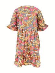 Floral Print Ruffle Trim V Neck Plus Size Boho Dress