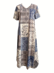 Floral Print V Neck Short Sleeve Boho Maxi Dress