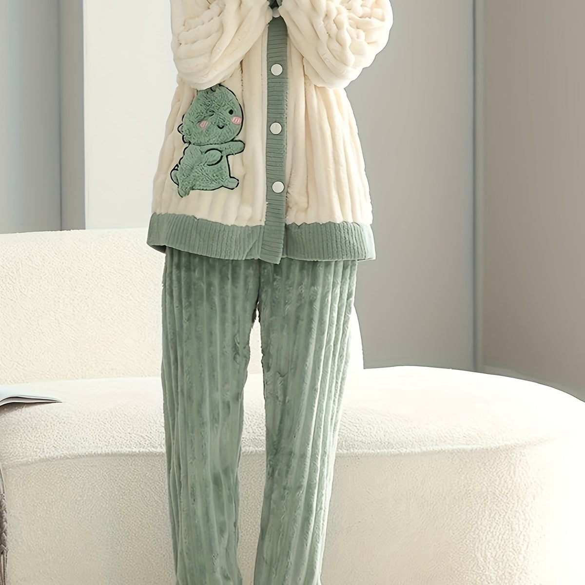 Cartoon Print Plush Pajamas Soft & Warm Women's Sleepwear