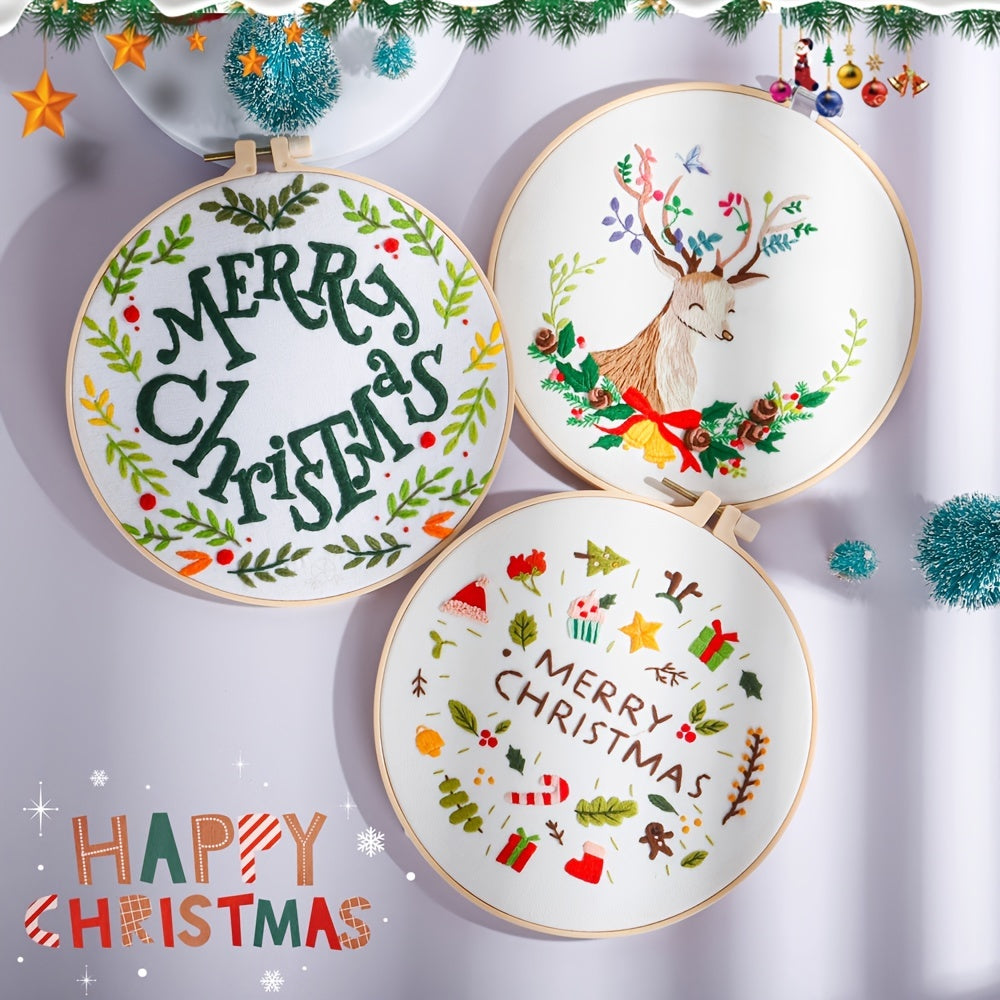 Embroidery Kit Merry Christmas Pattern 1 Hoop DIY Knitting Gift