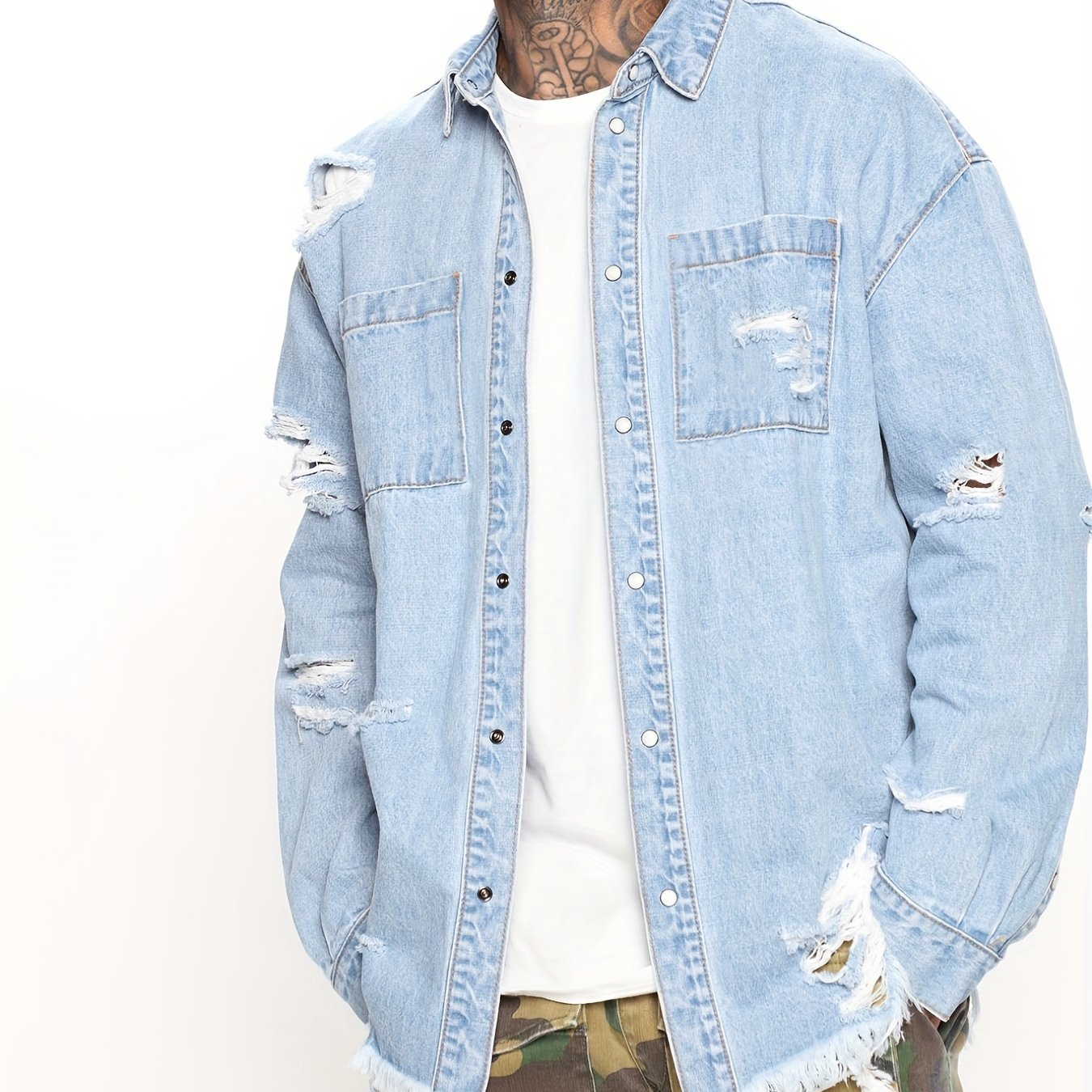 Men's Ripped Denim Jacket Street Style Button Up Collar
