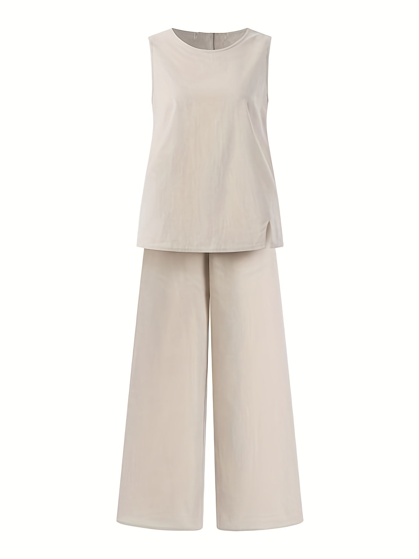 Solid Two-Piece Set Crew Neck Tank Top & Wide Leg Pants