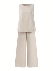 Solid Two-Piece Set Crew Neck Tank Top & Wide Leg Pants