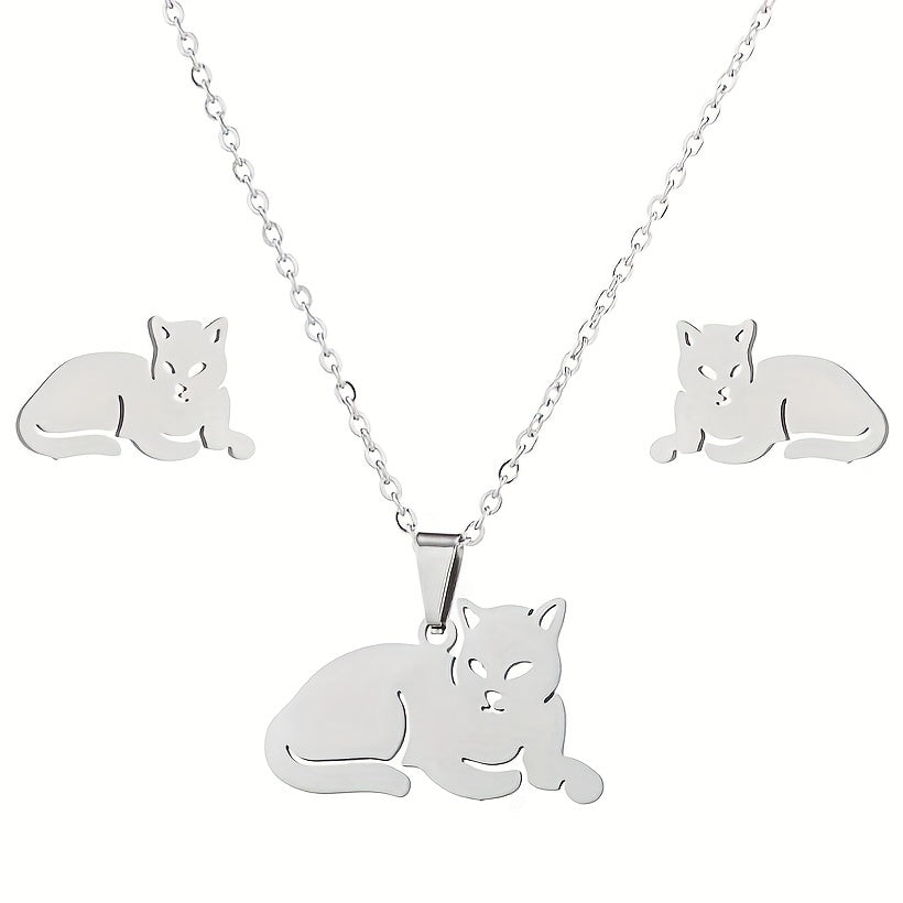 Stainless Steel Origami Cat Necklace and Earrings Set - Animal Pet Jewelry