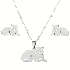 Stainless Steel Origami Cat Necklace and Earrings Set - Animal Pet Jewelry
