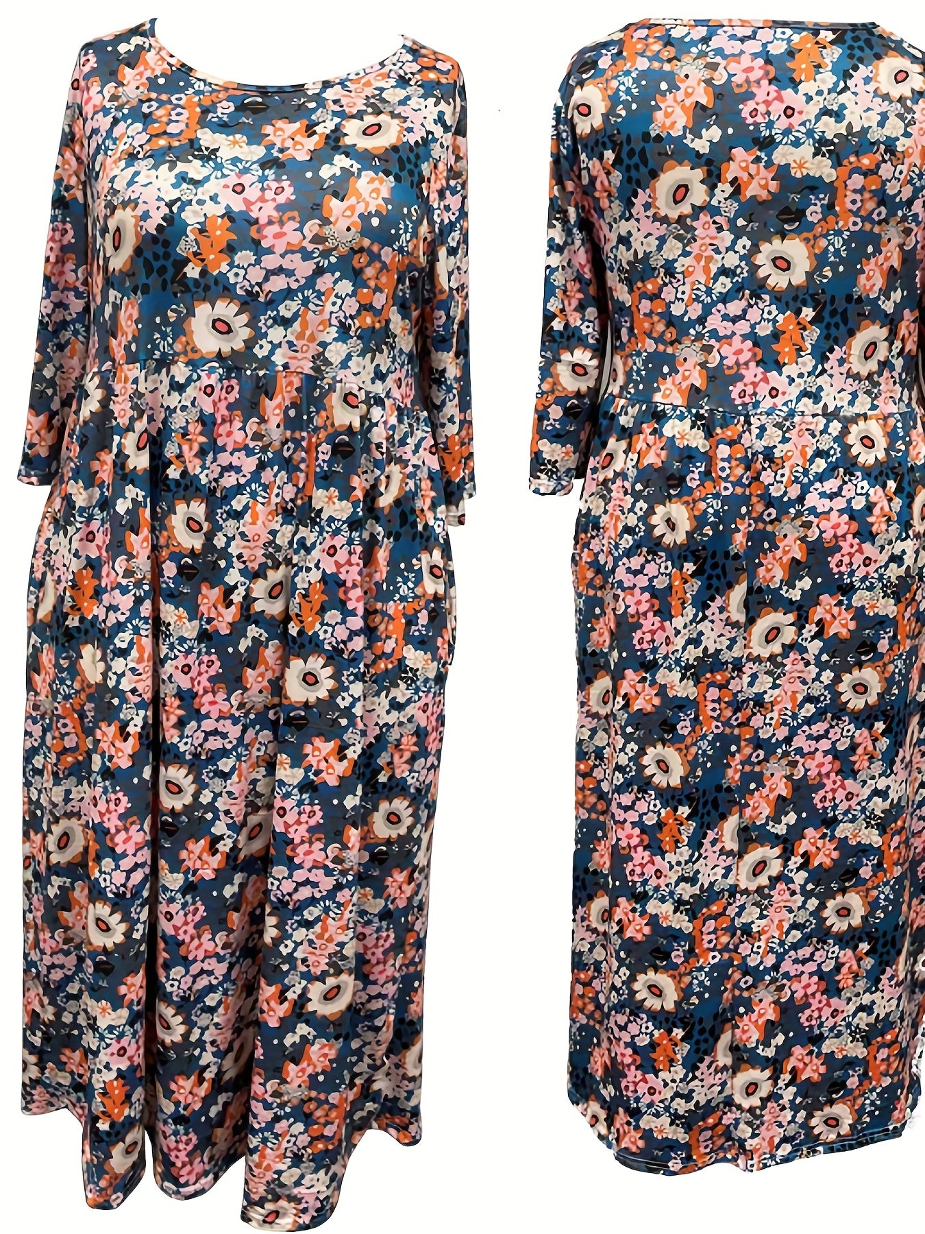 Floral Print Short Sleeve Plus Size Casual Dress with Pockets