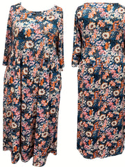 Floral Print Short Sleeve Plus Size Casual Dress with Pockets