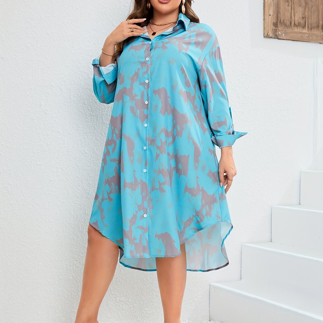  Tie Dye Button Up Long Sleeve Shirt Dress