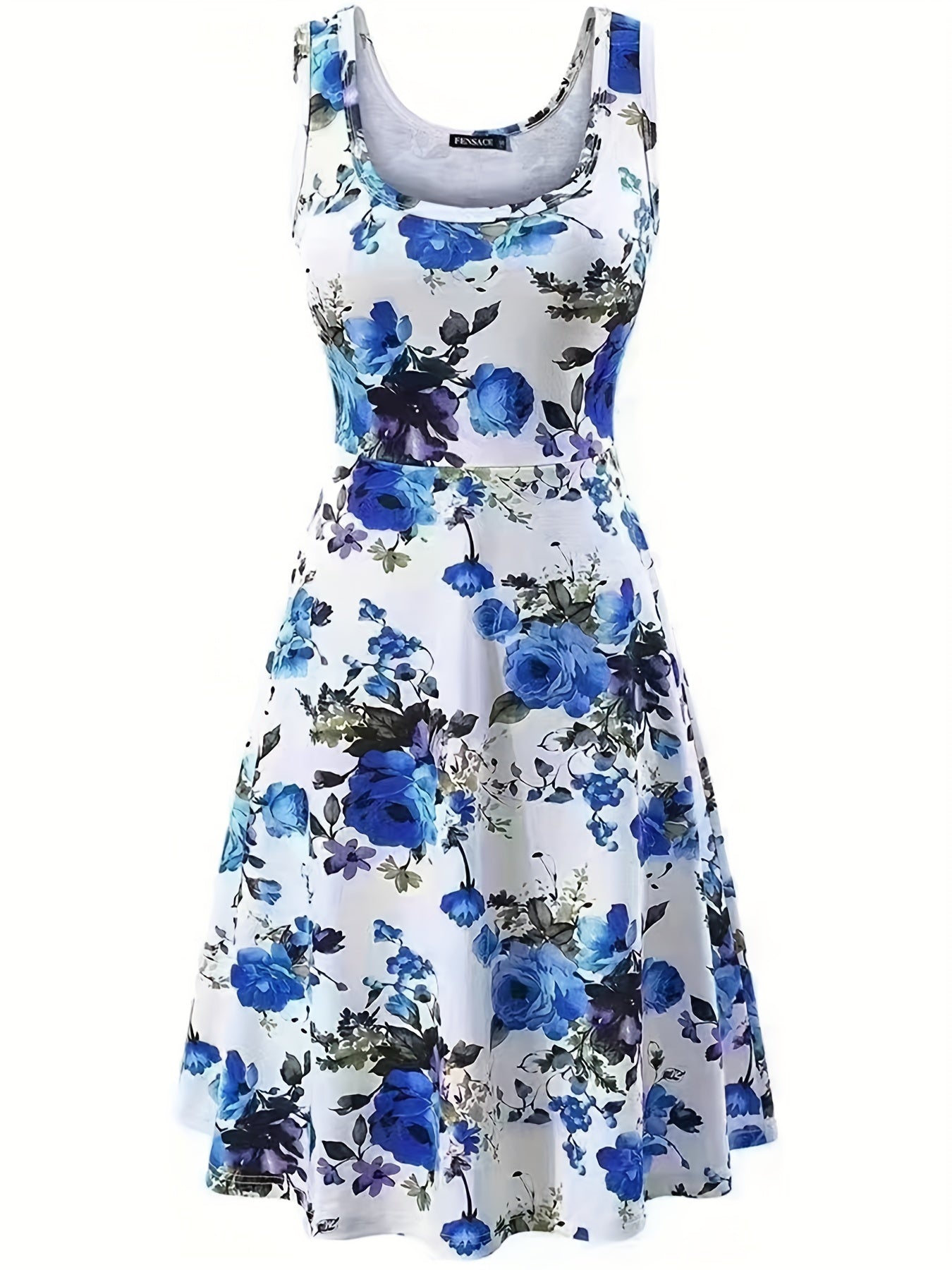  Floral Print Round Neck Stretch Tank Dress