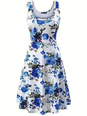  Floral Print Round Neck Stretch Tank Dress