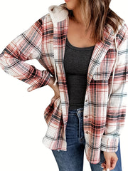  Plaid Print Button Up Long Sleeve Drawstring Hooded Shacket