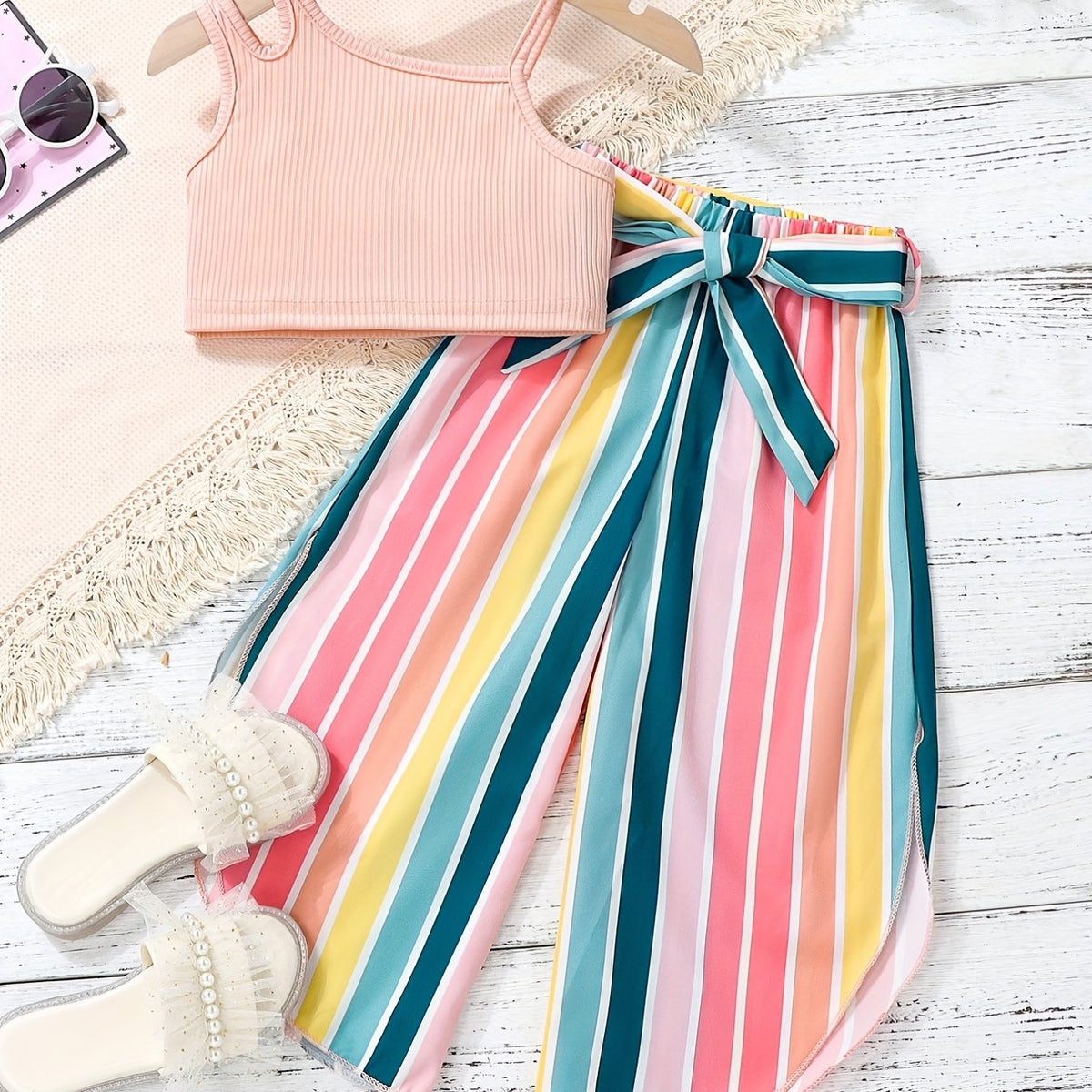 Girls Cutout Shoulder Tank Top and Striped Pants Set