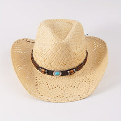 Western Cowboy Straw Hat With Large Wood Beads Turquoise Leather Belt