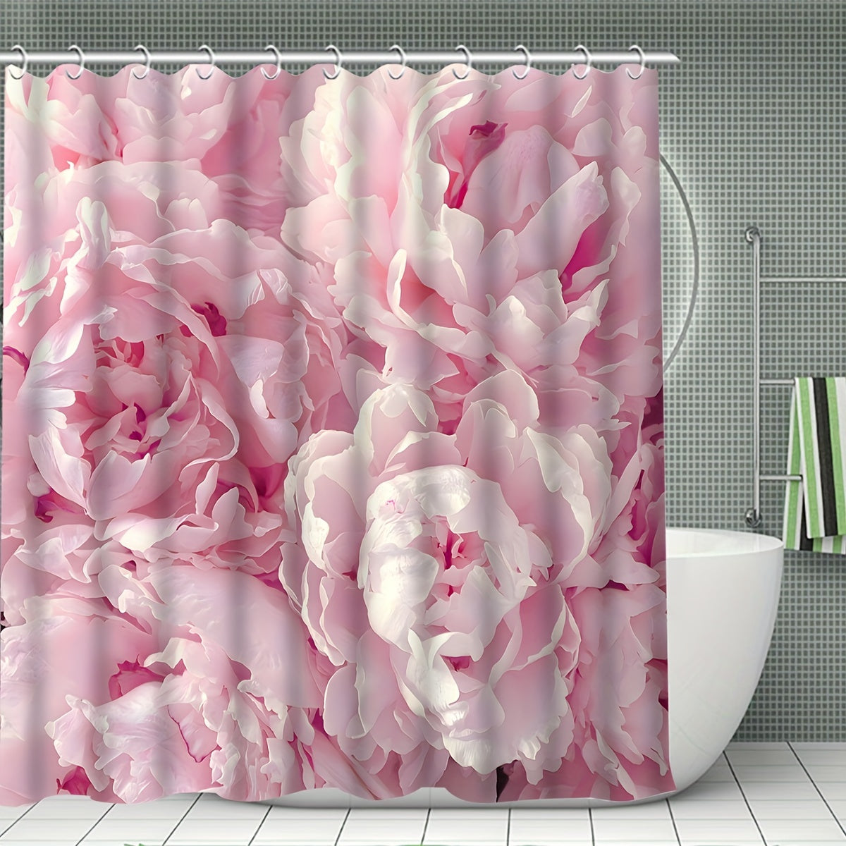 4pcs Pink Flowers Shower Curtain Waterproof Bathroom Decor Set