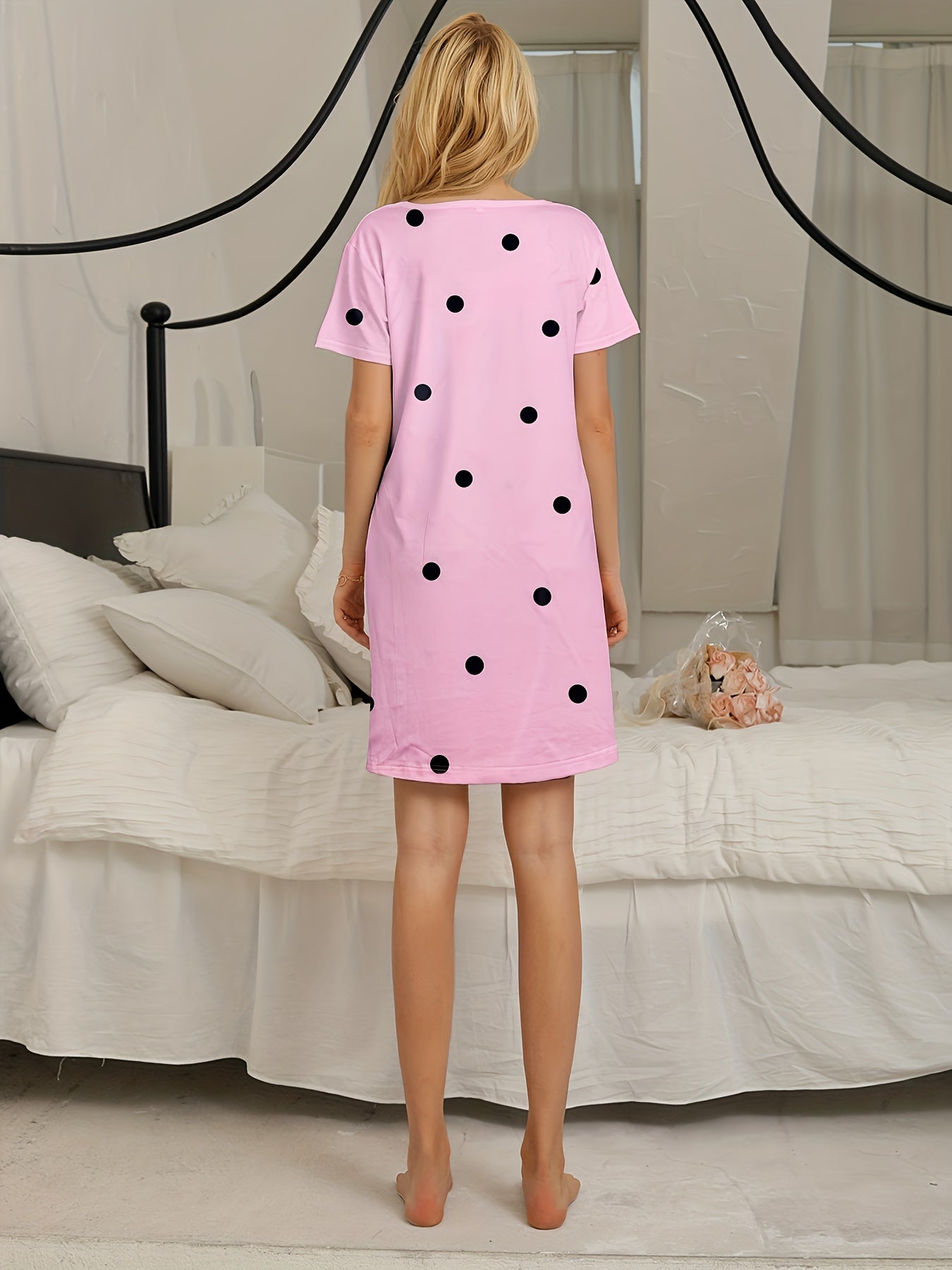 Bunny Print Lounge Dress - Women's Comfy Short Sleeve Home Dress