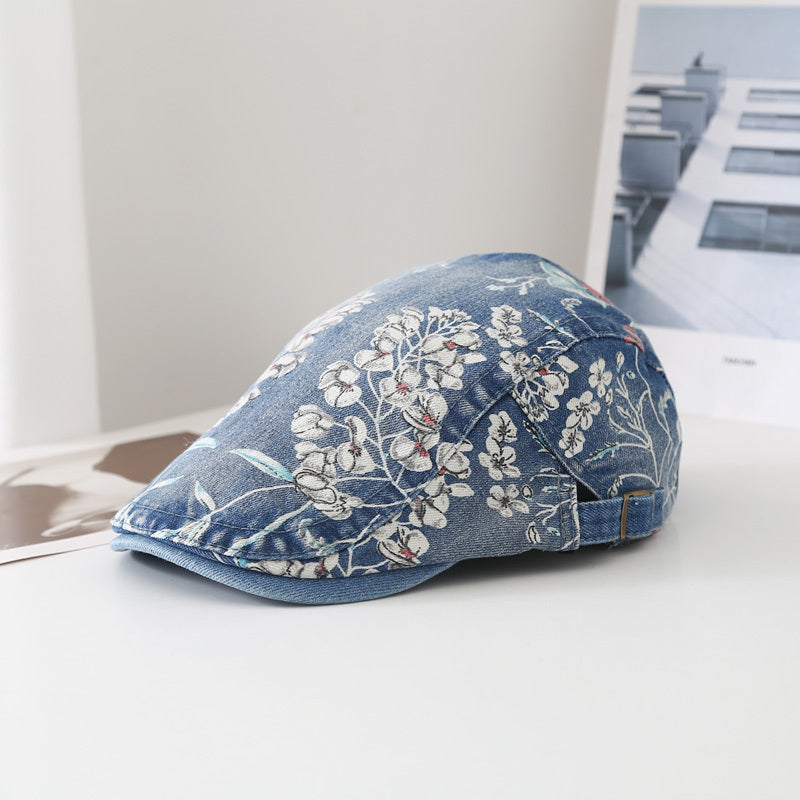 Y2K Floral Print Beret Denim Vintage Women Peaked Cap