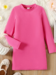 Kid Girl Solid Stand Collar Long Sleeve Knit Dress