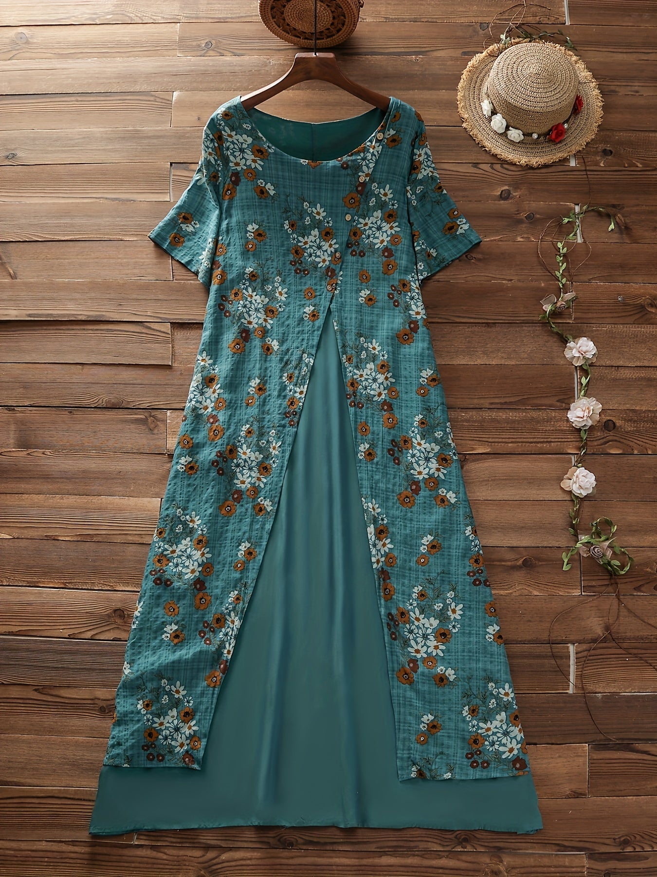  Floral Print Short Sleeve Layered Dress