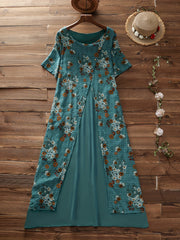  Floral Print Short Sleeve Layered Dress